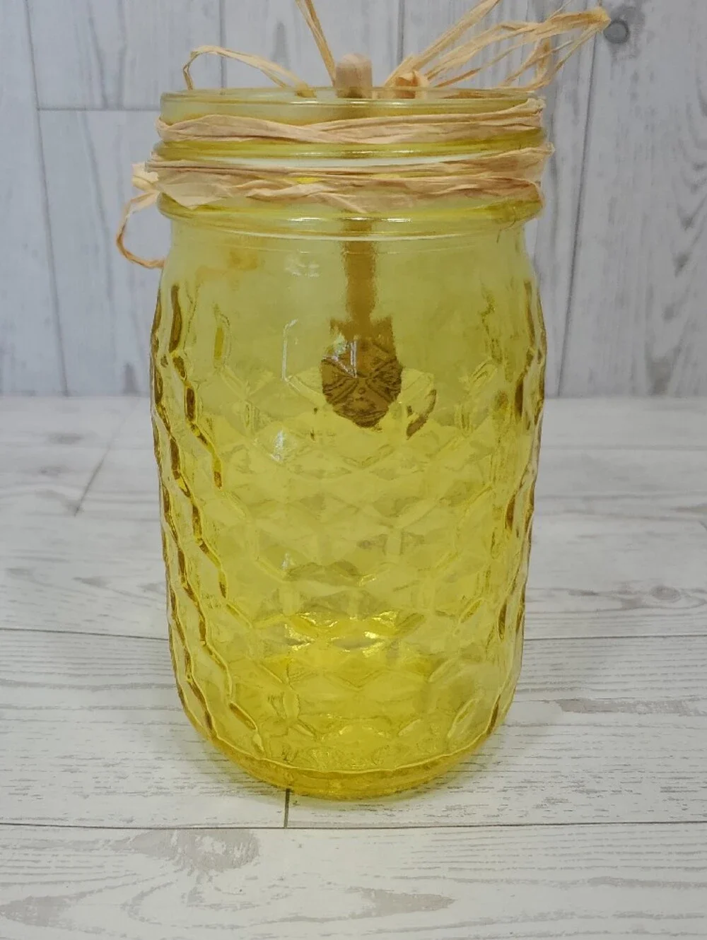 Honeycomb Pattern Decorative Glass Vase Jar with Wooden Honey Dipper Accent